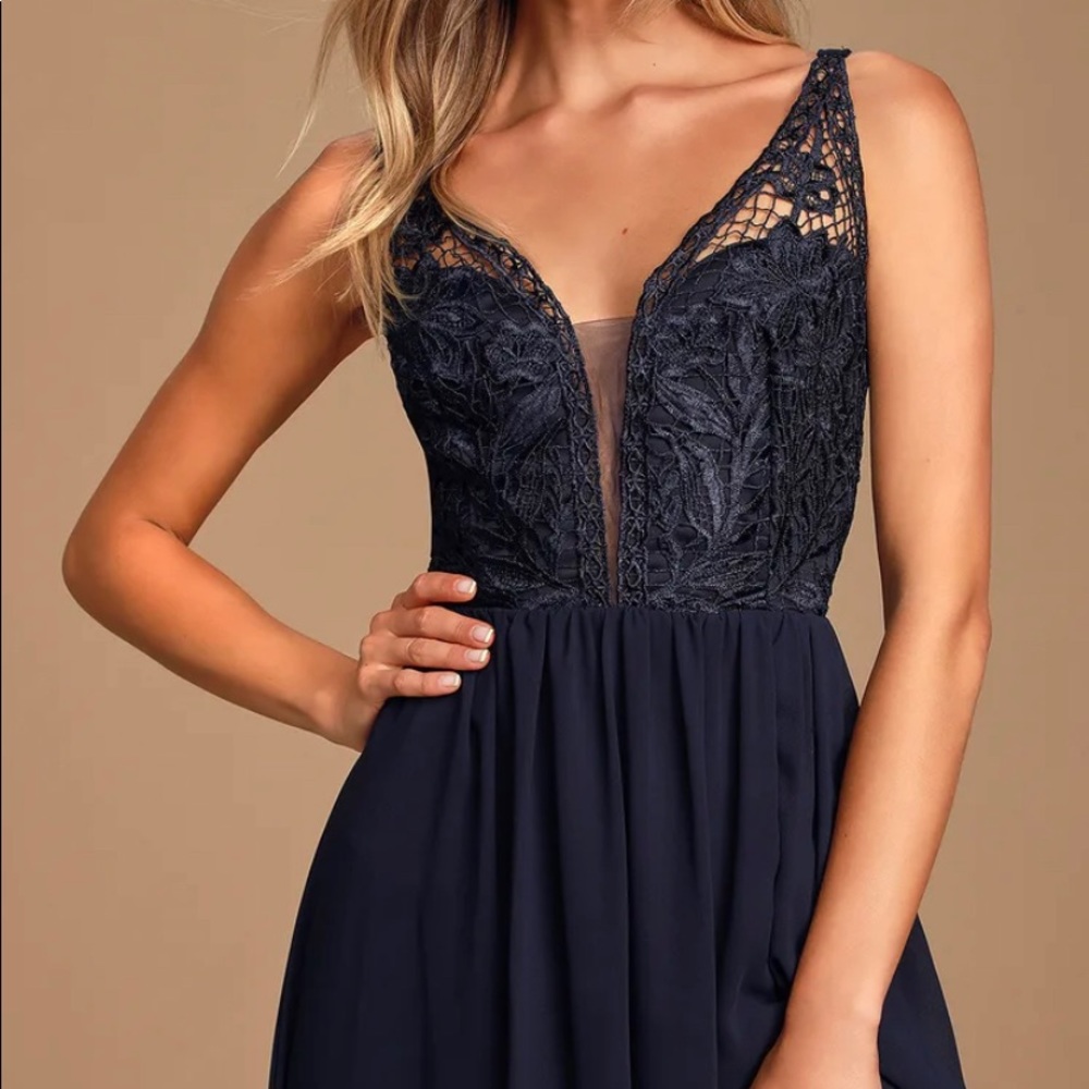 Lulus Navy Blue Lace Chiffon Dress
